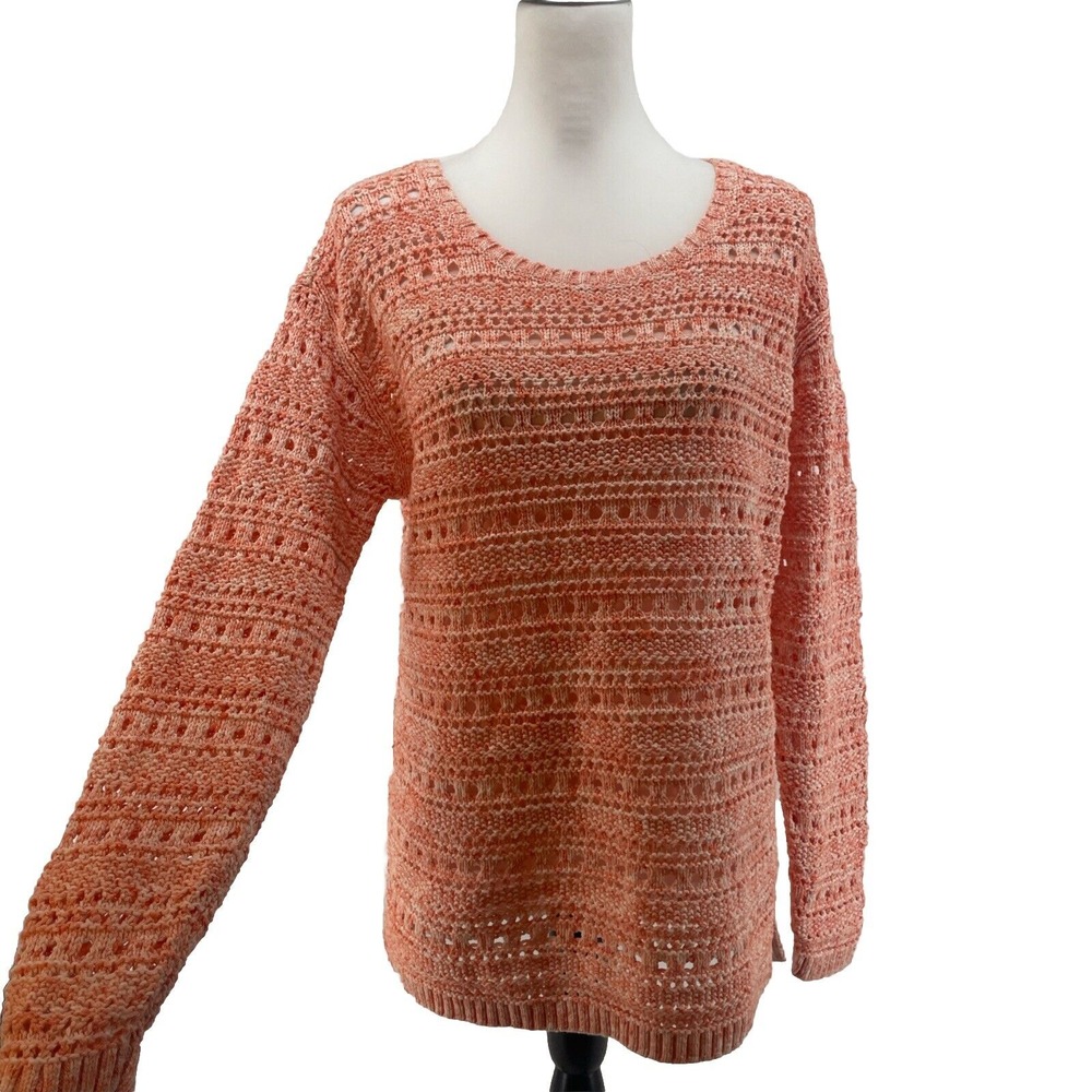 Talbots Cotton Sweater Top Women's Medium Orange White Open Weave Beachy Relaxed